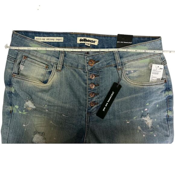 NWT! Dollhouse Junior Girl sz 15 Blue Jean distressed rips & paint Capri skinny - Picture 3 of 7